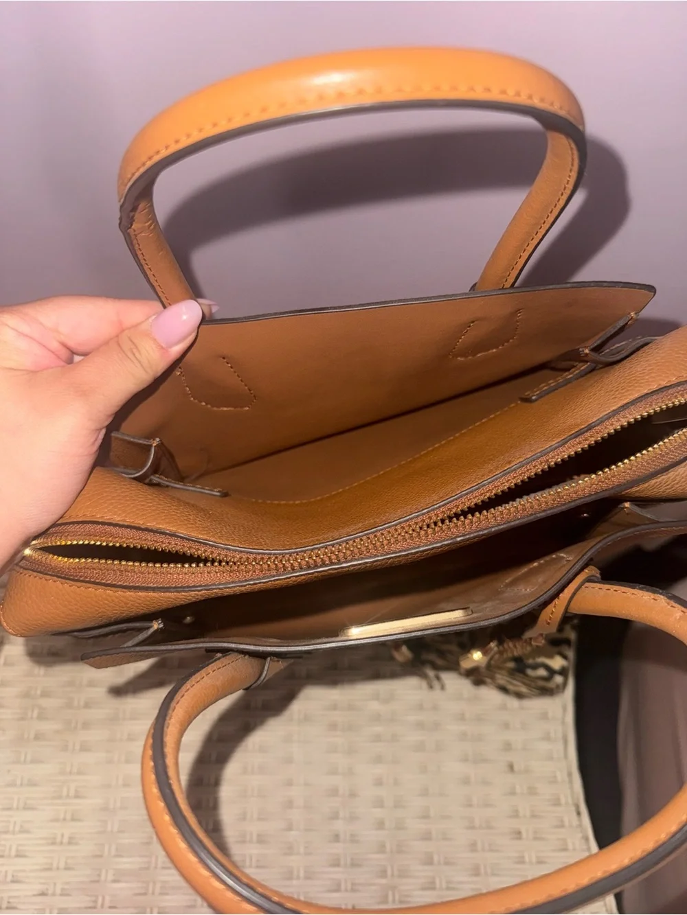 Michael Kors Cognac Pebbled Leather Satchel with Heart Charm